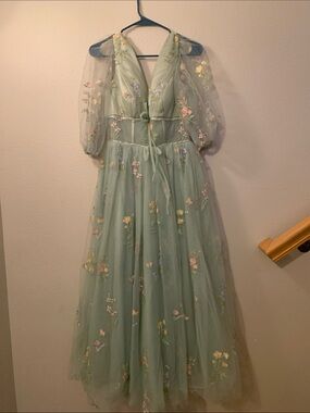 Ethereal Sage Green Embroidered Tulle Maxi Dress